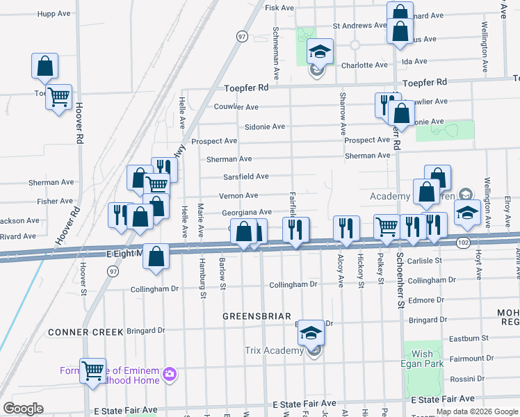 map of restaurants, bars, coffee shops, grocery stores, and more near 12724 Vernon Avenue in Warren