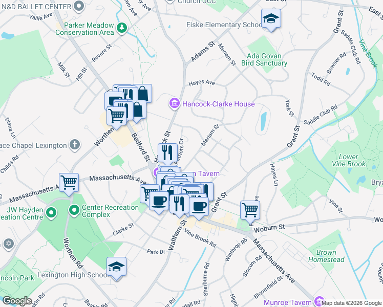 map of restaurants, bars, coffee shops, grocery stores, and more near 16 Meriam Street in Lexington