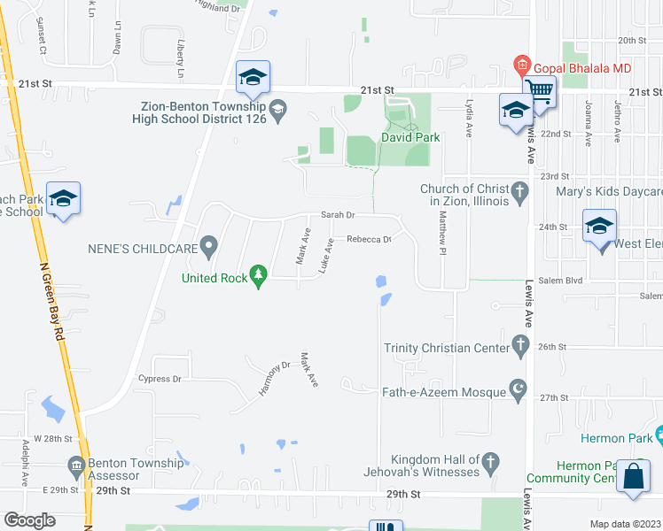 map of restaurants, bars, coffee shops, grocery stores, and more near 2409 Luke Avenue in Zion