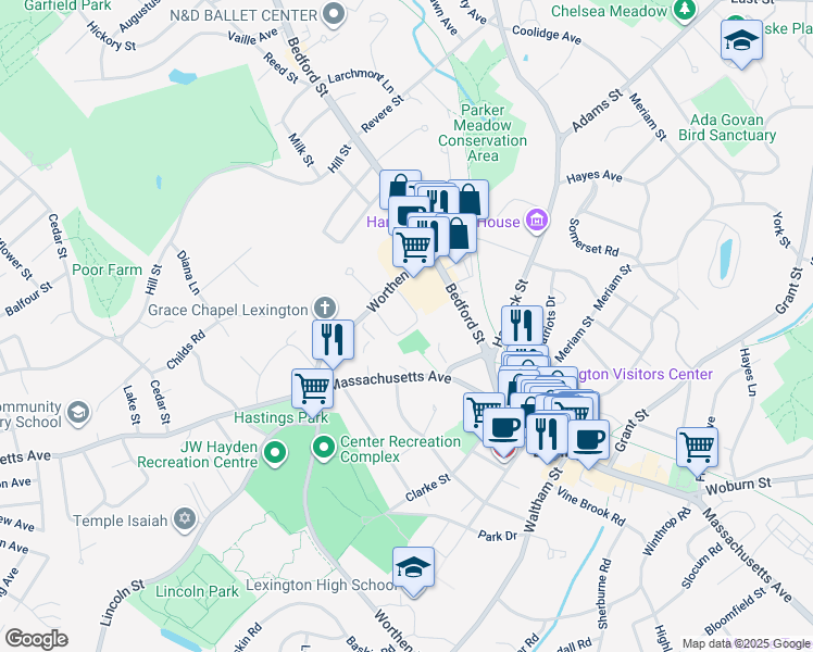map of restaurants, bars, coffee shops, grocery stores, and more near 38 Worthen Road in Lexington