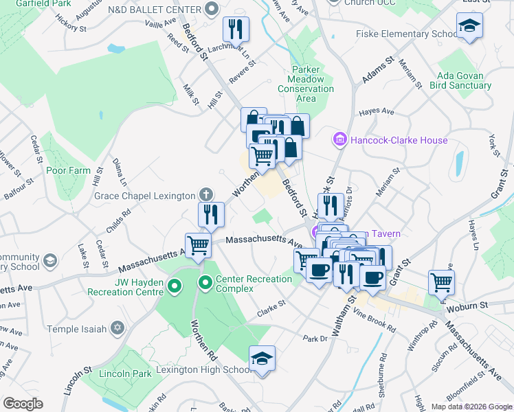 map of restaurants, bars, coffee shops, grocery stores, and more near 34 Worthen Road in Lexington