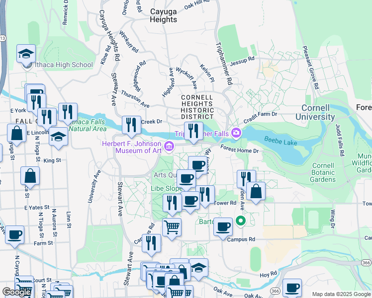 map of restaurants, bars, coffee shops, grocery stores, and more near 921 University Avenue in Ithaca