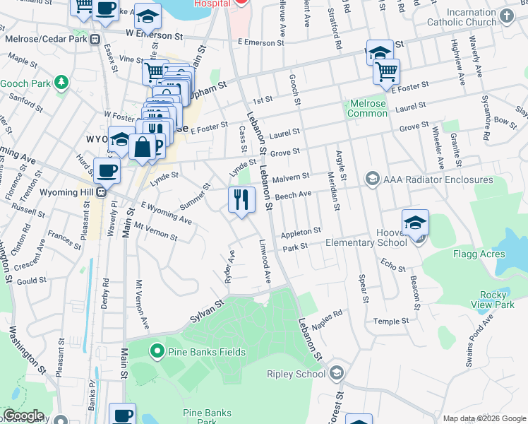 map of restaurants, bars, coffee shops, grocery stores, and more near 350 Lebanon Street in Melrose