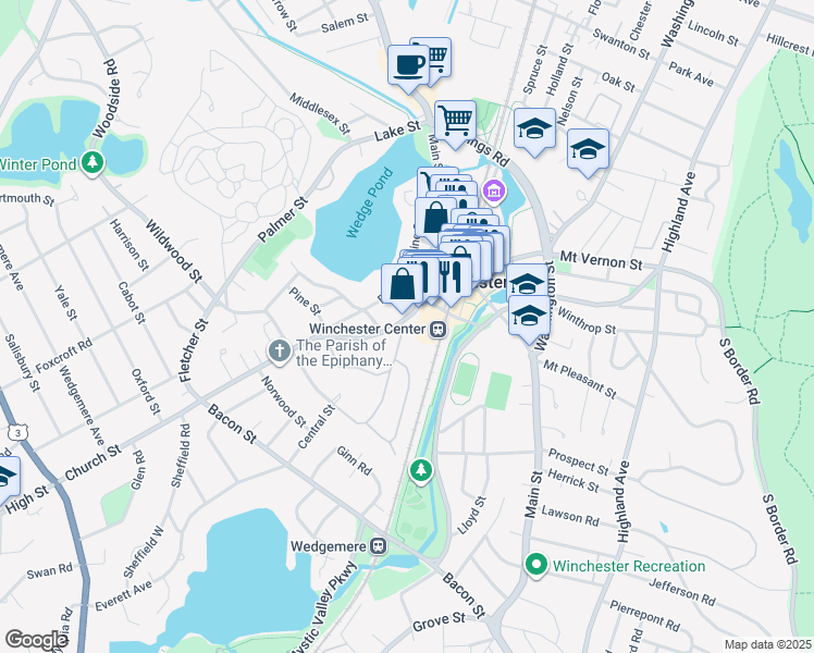 map of restaurants, bars, coffee shops, grocery stores, and more near 36 Church Street in Winchester