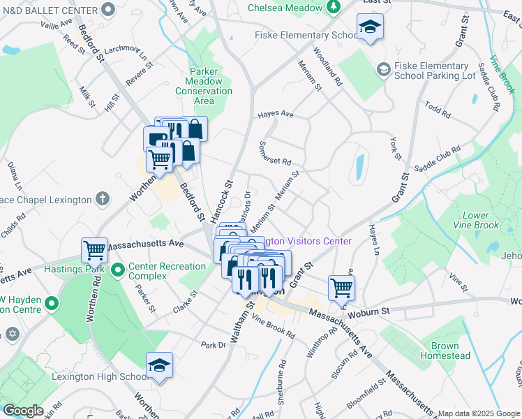 map of restaurants, bars, coffee shops, grocery stores, and more near 16 Meriam Street in Lexington