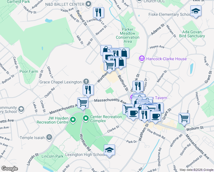 map of restaurants, bars, coffee shops, grocery stores, and more near 34 Worthen Road in Lexington
