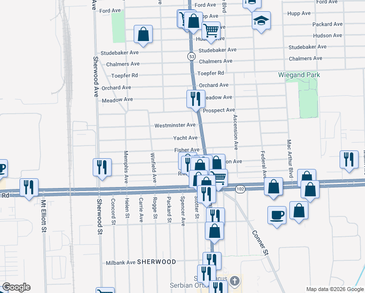 map of restaurants, bars, coffee shops, grocery stores, and more near 7614 Yacht Avenue in Warren