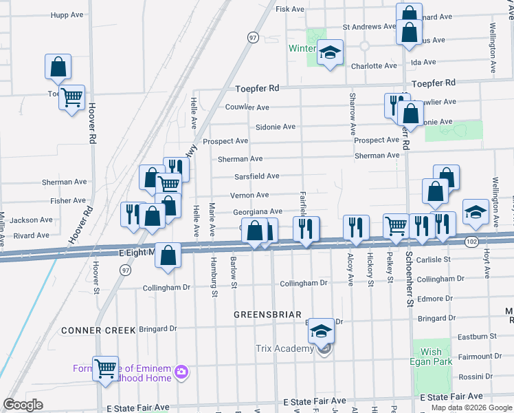 map of restaurants, bars, coffee shops, grocery stores, and more near 12724 Vernon Avenue in Warren