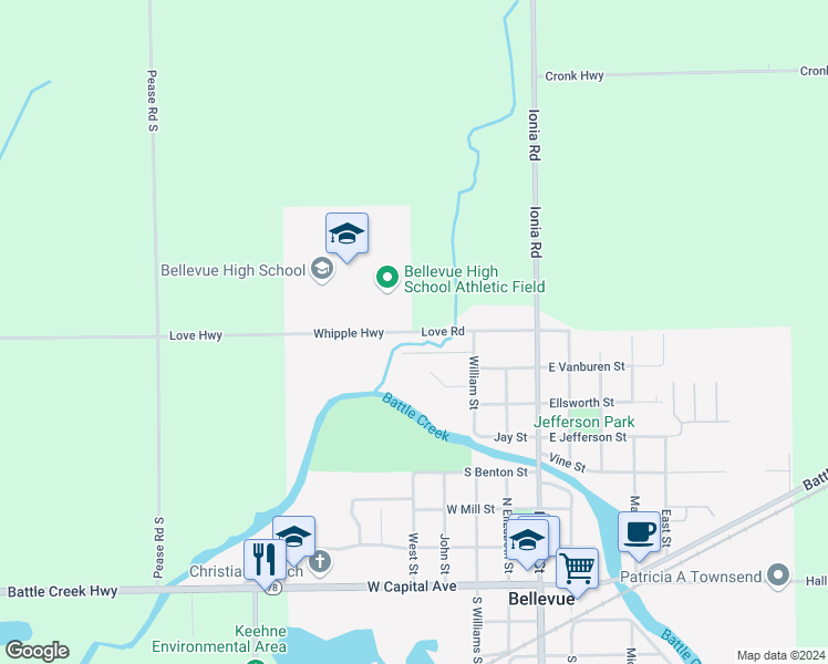 map of restaurants, bars, coffee shops, grocery stores, and more near 576 Love Road in Bellevue