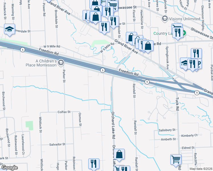 map of restaurants, bars, coffee shops, grocery stores, and more near 21755 Orchard Lake Road in Farmington Hills