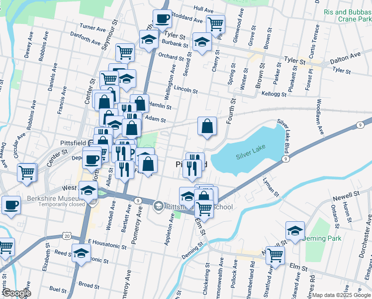 map of restaurants, bars, coffee shops, grocery stores, and more near 66 Third Street in Pittsfield