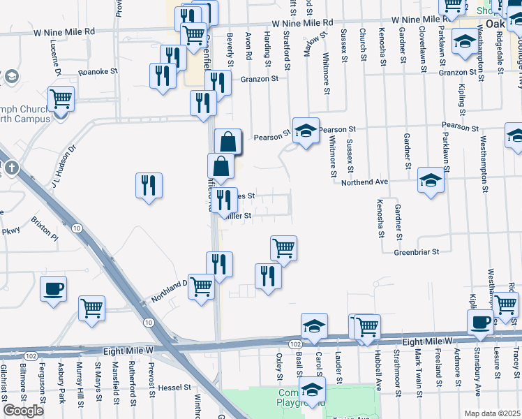 map of restaurants, bars, coffee shops, grocery stores, and more near 15125 James Street in Oak Park