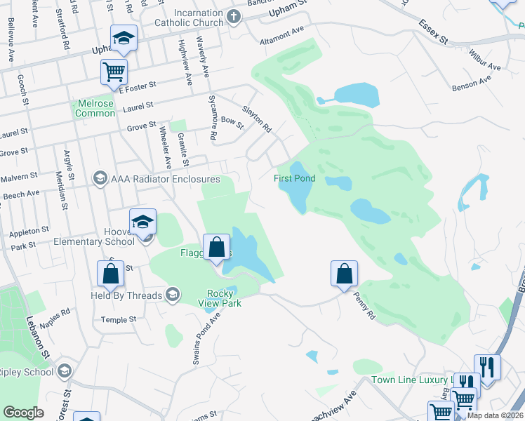 map of restaurants, bars, coffee shops, grocery stores, and more near 1 Mill Road in Melrose