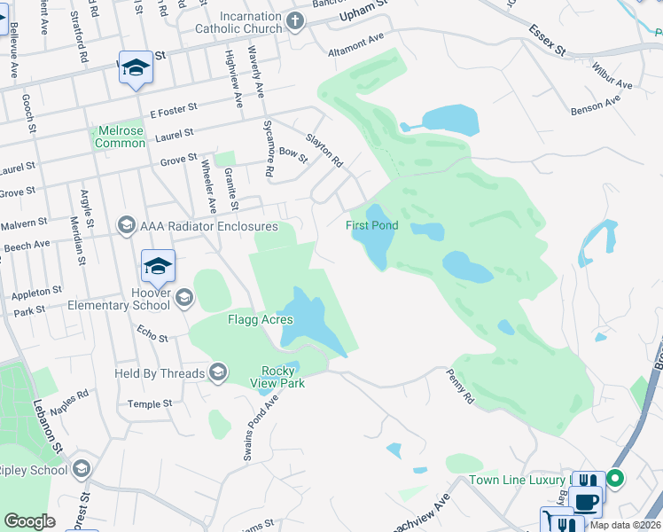 map of restaurants, bars, coffee shops, grocery stores, and more near 1 Mill Road in Melrose
