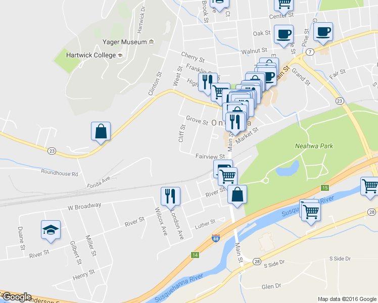 map of restaurants, bars, coffee shops, grocery stores, and more near 13 Watkins Avenue in Oneonta