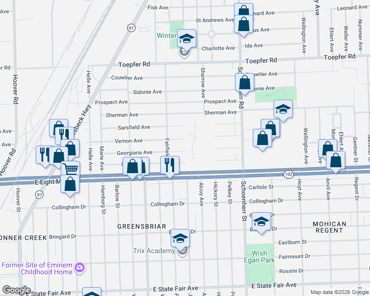 map of restaurants, bars, coffee shops, grocery stores, and more near 13125 East 8 Mile Road in Warren