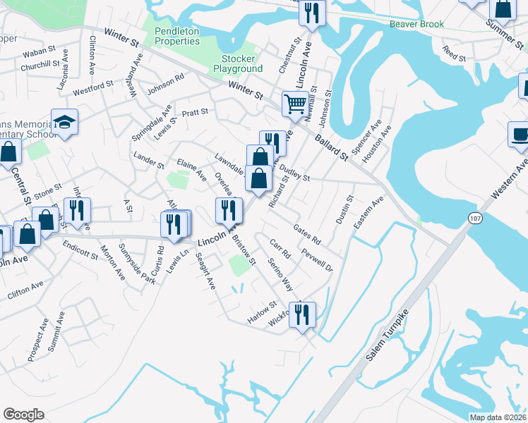map of restaurants, bars, coffee shops, grocery stores, and more near 5 Guild Road in Saugus