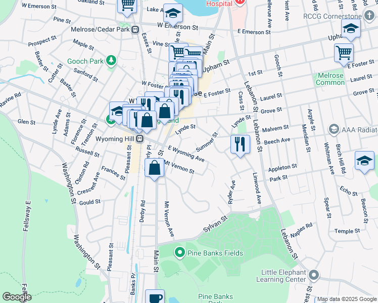 map of restaurants, bars, coffee shops, grocery stores, and more near 11 Chestnut Park in Melrose