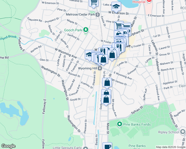 map of restaurants, bars, coffee shops, grocery stores, and more near 509 Pleasant Street in Melrose