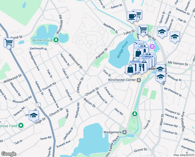 map of restaurants, bars, coffee shops, grocery stores, and more near 11 Wildwood Street in Winchester
