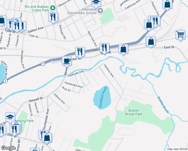 map of restaurants, bars, coffee shops, grocery stores, and more near 100 Parkside Avenue in Pittsfield
