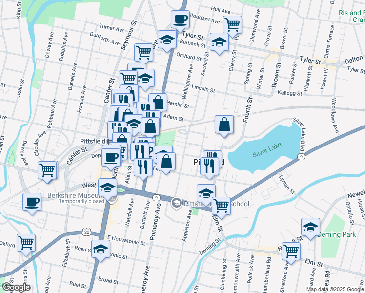map of restaurants, bars, coffee shops, grocery stores, and more near 12 Wallace Place in Pittsfield