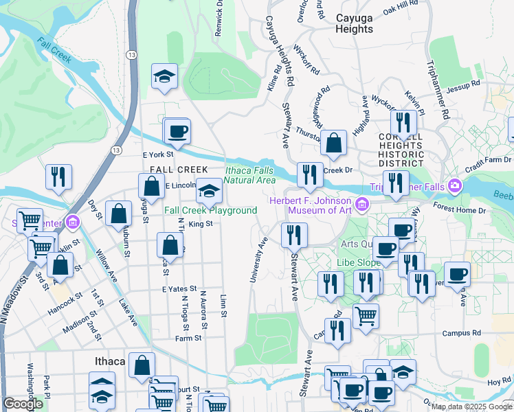 map of restaurants, bars, coffee shops, grocery stores, and more near 210 Willard Way in Ithaca