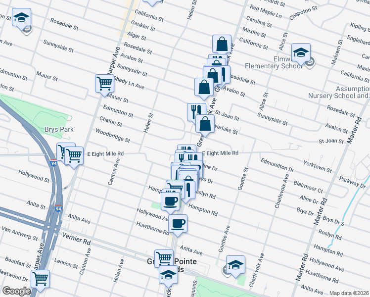 map of restaurants, bars, coffee shops, grocery stores, and more near 21425 Greater Mack Avenue in St. Clair Shores