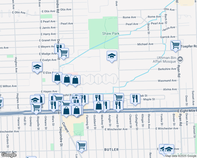 map of restaurants, bars, coffee shops, grocery stores, and more near 109 South Lafayette Boulevard in Warren