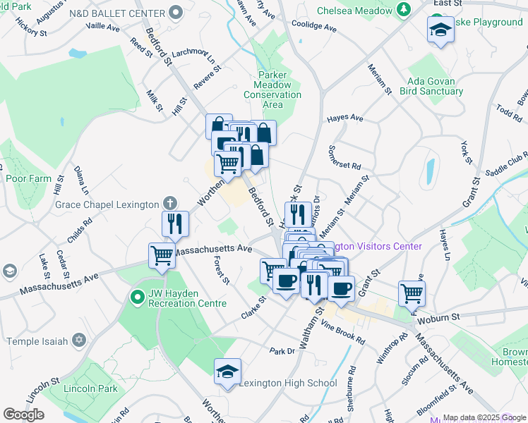 map of restaurants, bars, coffee shops, grocery stores, and more near 17 Bedford Street in Lexington