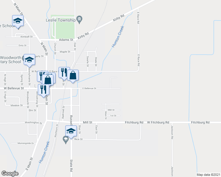 map of restaurants, bars, coffee shops, grocery stores, and more near 702 East Bellevue Street in Leslie
