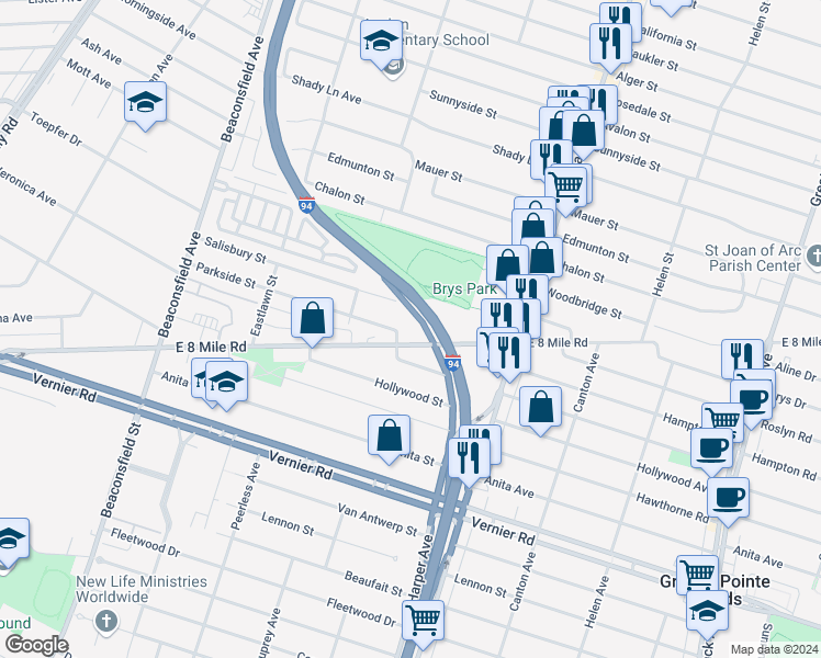 map of restaurants, bars, coffee shops, grocery stores, and more near 20401 E 8 Mile Rd in St Clair Shores