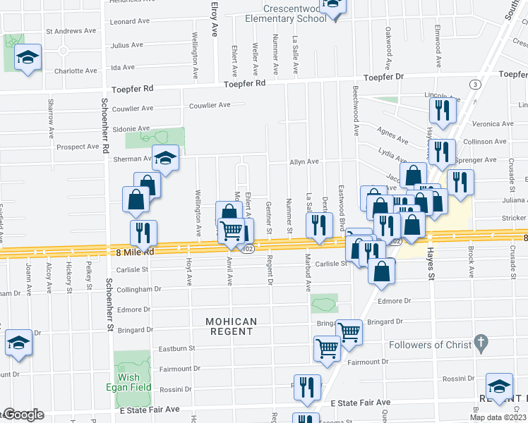 map of restaurants, bars, coffee shops, grocery stores, and more near 20797 Gentner Street in Warren