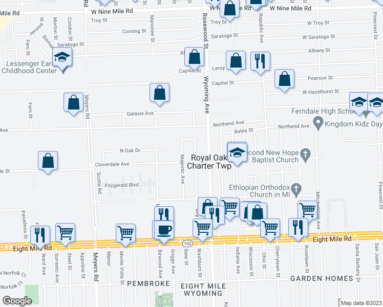 map of restaurants, bars, coffee shops, grocery stores, and more near 21329 Ithaca Avenue in Ferndale