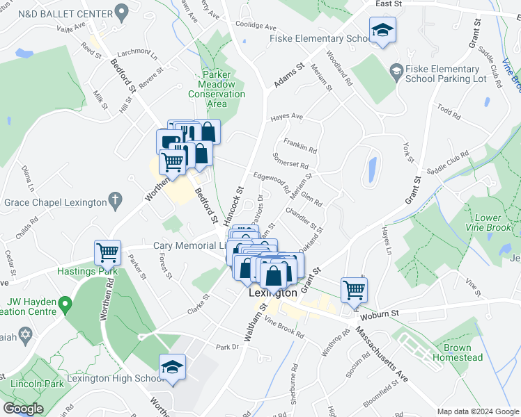 map of restaurants, bars, coffee shops, grocery stores, and more near 8 Patriots Drive in Lexington