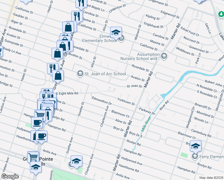 map of restaurants, bars, coffee shops, grocery stores, and more near 22818 Saint Joan Street in St. Clair Shores