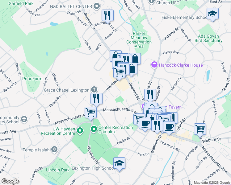 map of restaurants, bars, coffee shops, grocery stores, and more near 34 Worthen Road in Lexington