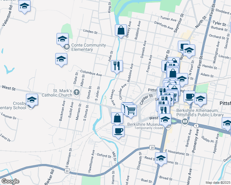 map of restaurants, bars, coffee shops, grocery stores, and more near 54 Dewey Avenue in Pittsfield