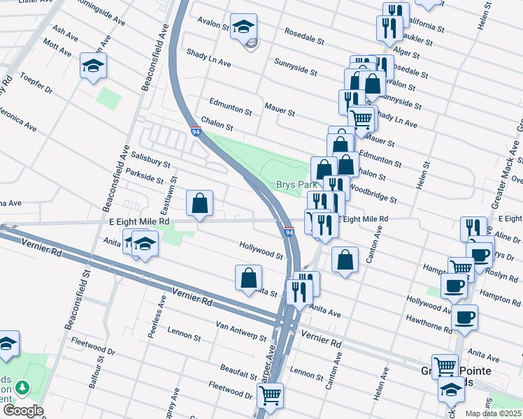 map of restaurants, bars, coffee shops, grocery stores, and more near 20401 East 8 Mile Road in St. Clair Shores