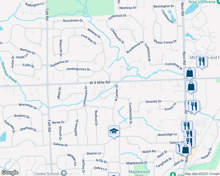map of restaurants, bars, coffee shops, grocery stores, and more near 44850 North Hills Drive in Northville