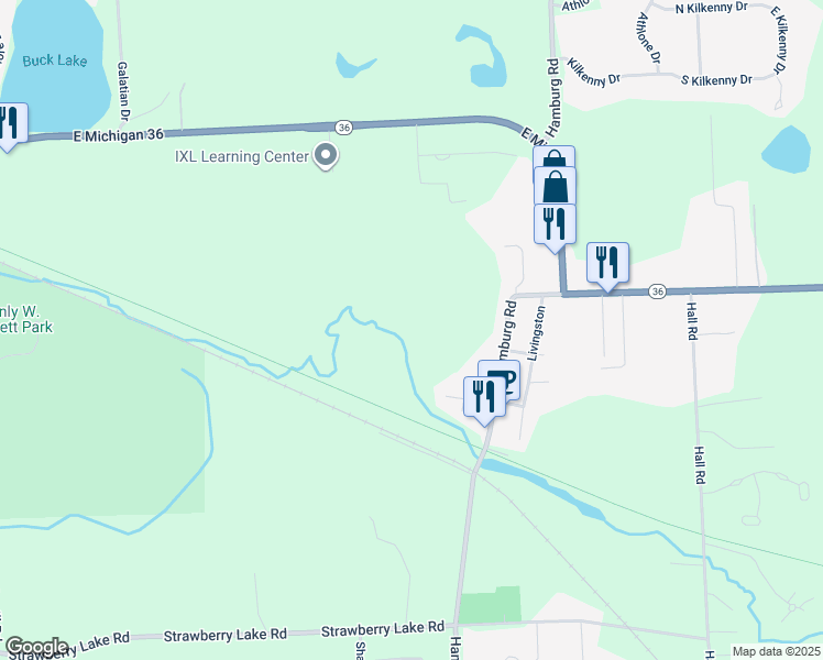 map of restaurants, bars, coffee shops, grocery stores, and more near Lakelands Trail State Park in Hamburg