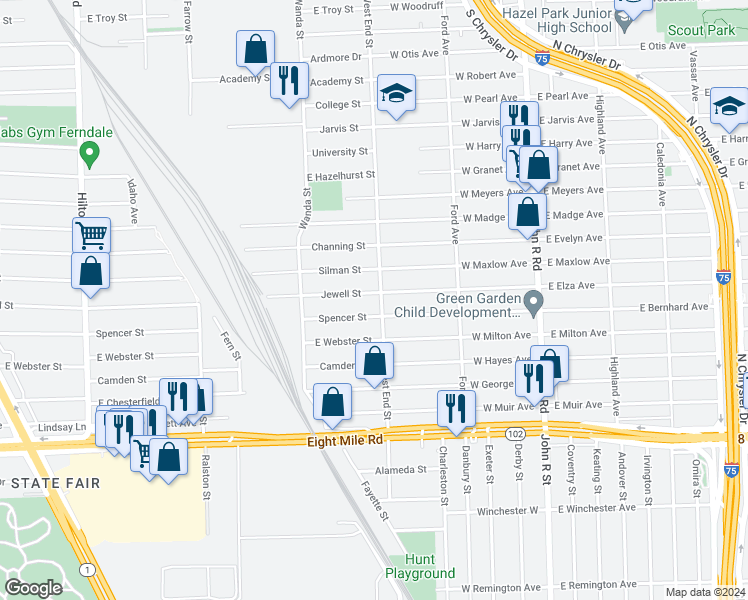 map of restaurants, bars, coffee shops, grocery stores, and more near 1604 Jewell Street in Ferndale