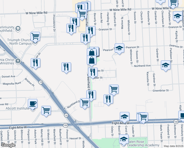 map of restaurants, bars, coffee shops, grocery stores, and more near 21590 Greenfield Road in Oak Park