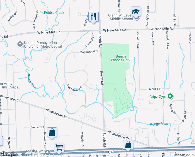 map of restaurants, bars, coffee shops, grocery stores, and more near 21935 Beech Road in Southfield