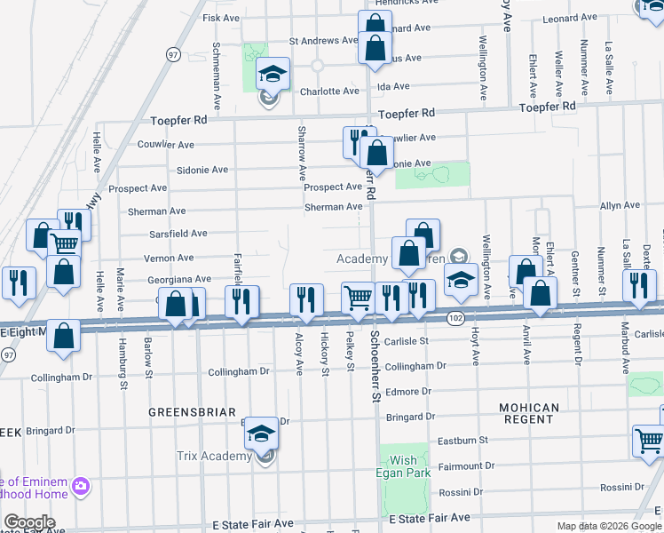 map of restaurants, bars, coffee shops, grocery stores, and more near 13436 Vernon Avenue in Warren
