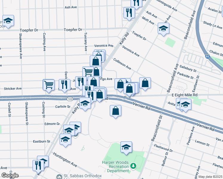 map of restaurants, bars, coffee shops, grocery stores, and more near 17844 Juliana Ave in Eastpointe