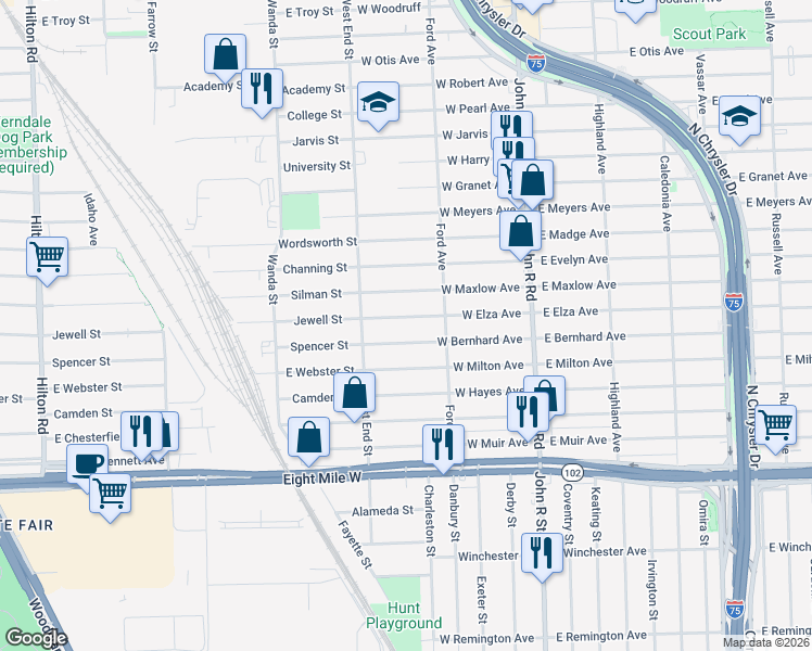 map of restaurants, bars, coffee shops, grocery stores, and more near 341 West Elza Avenue in Hazel Park