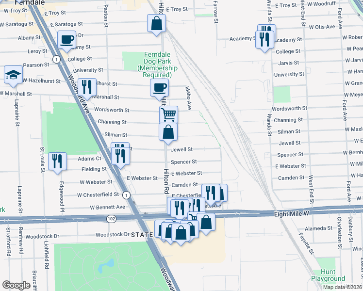 map of restaurants, bars, coffee shops, grocery stores, and more near 648 Silman Street in Ferndale