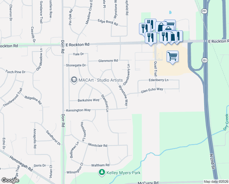 map of restaurants, bars, coffee shops, grocery stores, and more near 13155 Glencree Lane in Rockton
