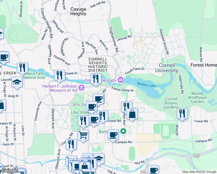 map of restaurants, bars, coffee shops, grocery stores, and more near East Ave in Ithaca